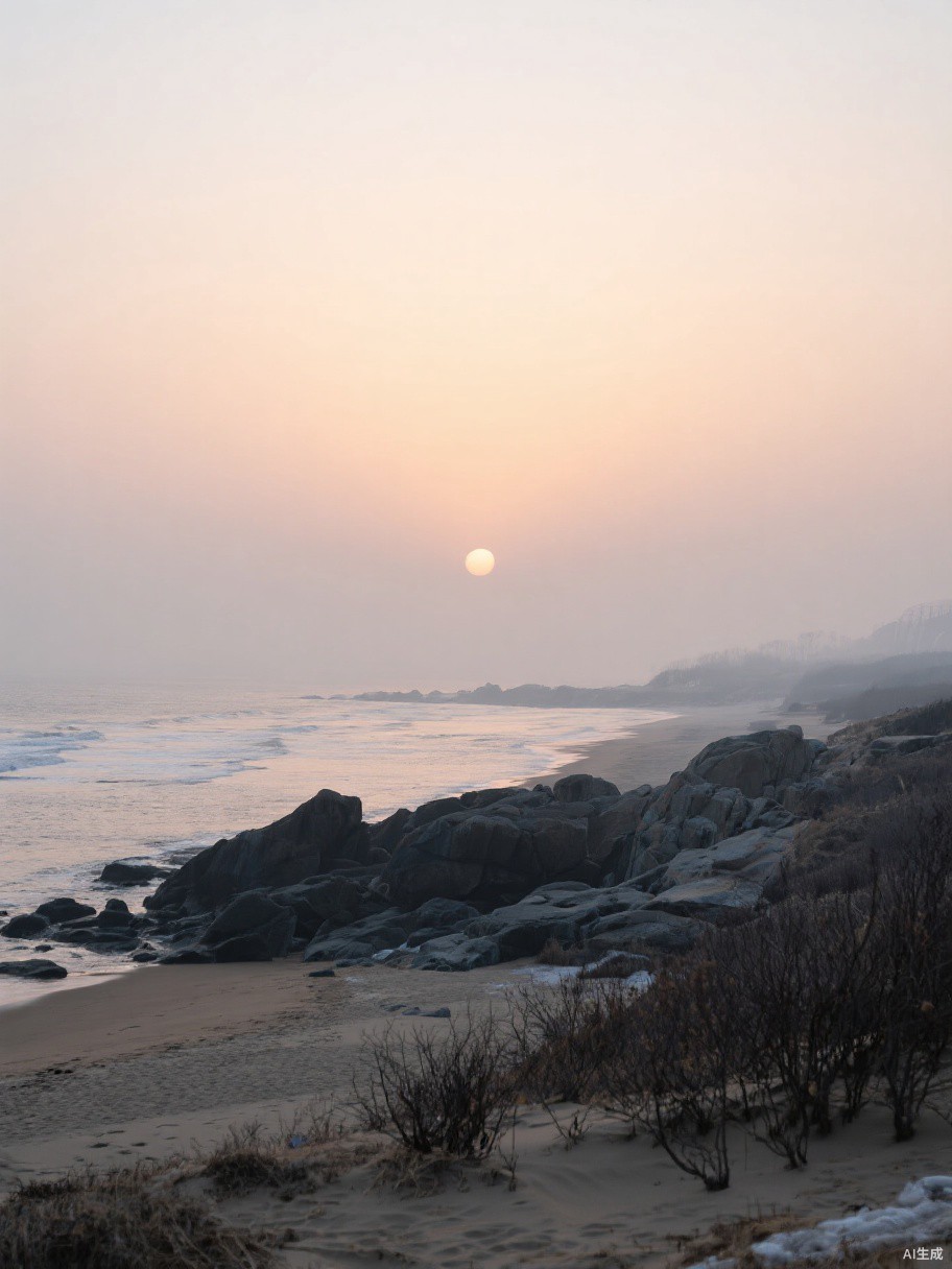 冬季渤海海岸日出，礁石与沙滩